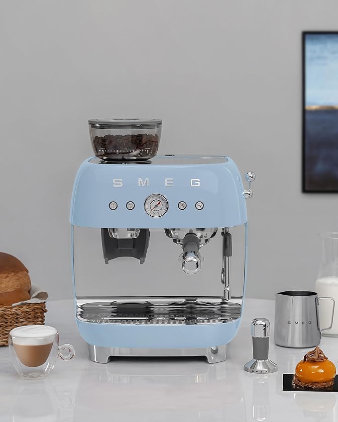 Smeg EGF03 Semi-Automatic Espresso Machine with Built-In Grinder, Dual Thermoblock, 50’s Retro Style – Pastel Blue (120 V)