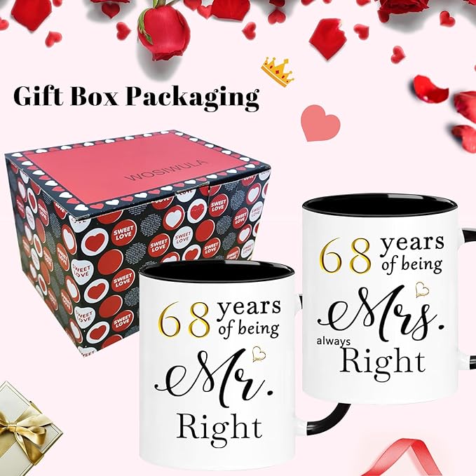 WOSIWULA 68 Year Anniversary Birthday Coffee Mugs Set of 2, 68th Wedding Anniversary Decorations Gifts for Couple Grandparents Parents Women Men Wife Husband Her Him, 68th Birthday Gifts, 11oz
