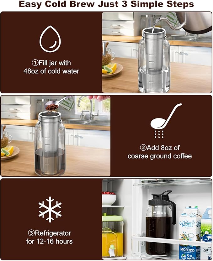 VA1KENE Cold Brew Coffee Maker 64oz, Iced Coffee Maker with 304 Stainless Steel Filter, Mason Jar Pitcher with Lid and Spout (Black)