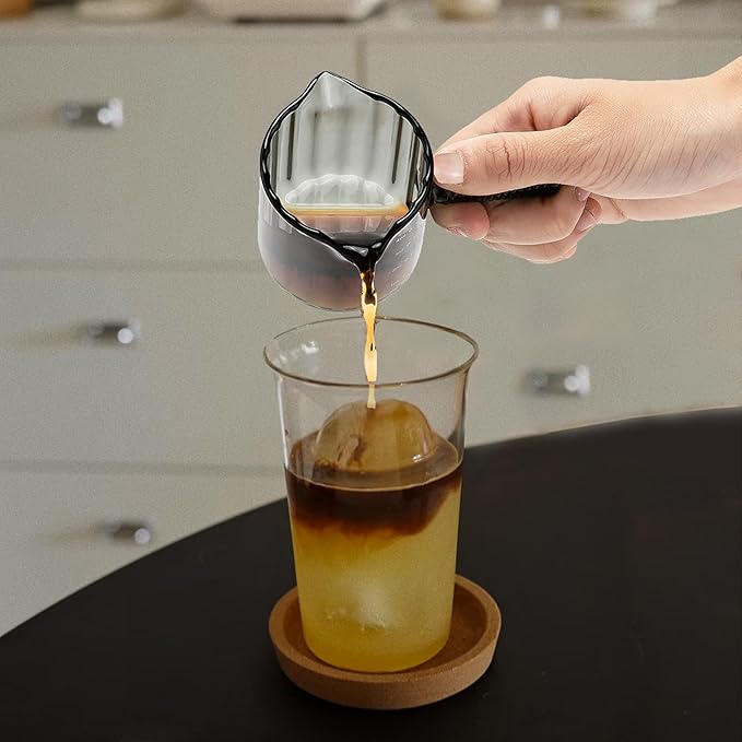Espresso Cups Set of 2, 4 OZ Glass Double Spouts Cups, Shot Glasses, Milk Cup with Glass Handle for Dishwasher Safe, Espresso Accessories for Machine, Demitasse Cups, Small (Gray)