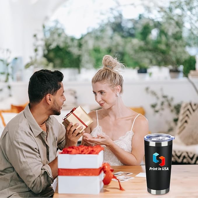 Personalized Custom Print in USA Tumbler 20oz Stainless Steel Double Wall Coffee Cup with Lid & Straw Insulated Tumbler with Colorful Text Logo Photo