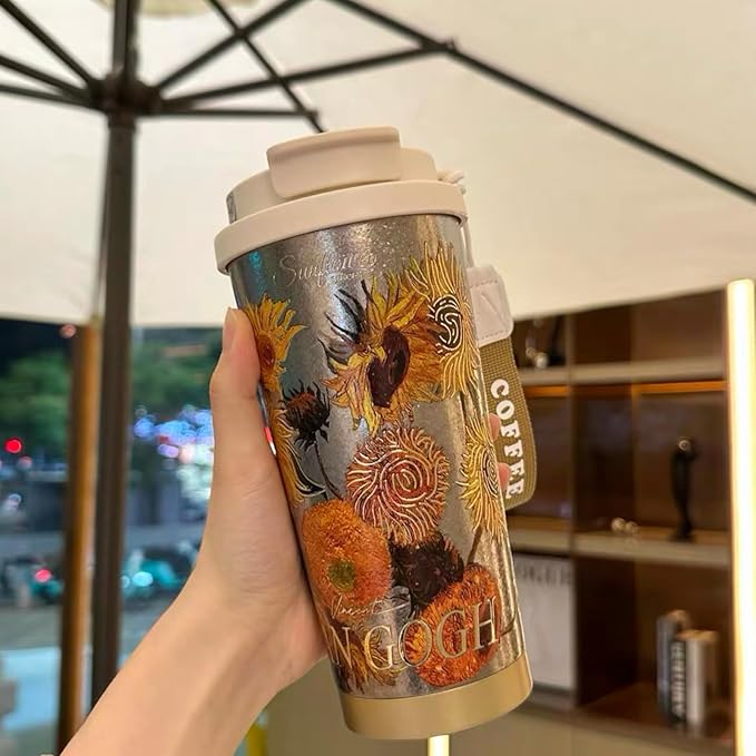 JWANGYUDG-100% Fully Titanium 17.5 oz Mug, 12-hour Thermal Insulation Coffee Mug, Artistic Travel Coffee Mug, Reusable Coffee Cup (Sunflower)