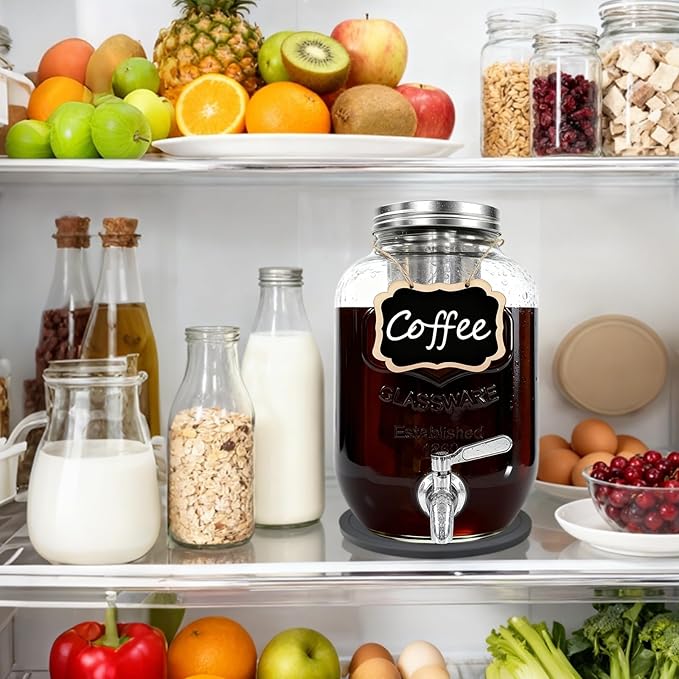 Cold Brew Coffee Maker With Silicone Mat, Cold brew pitcher,1 Gallon Glass Pitcher with Stainless Steel Filter,304 stainless steel leak-proof Spigot,Large Iced Coffee Maker for Home, Easy to Use