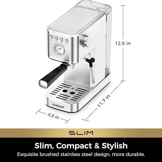 CHULUX Slim 2026 Upgrade Espresso Machine with Milk Frother Steam Wand, 20 Bar Professional Italian Pump Espresso Coffee Machine for Home Cappuccino & Latte Maker, Silver