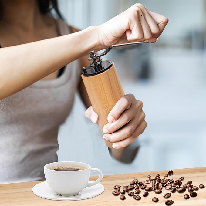 Manual Coffee Grinder, Wooden Hand Coffee Mill with Adjustable Burr, Natural Beech Wood, 5.93x2.68 Inch