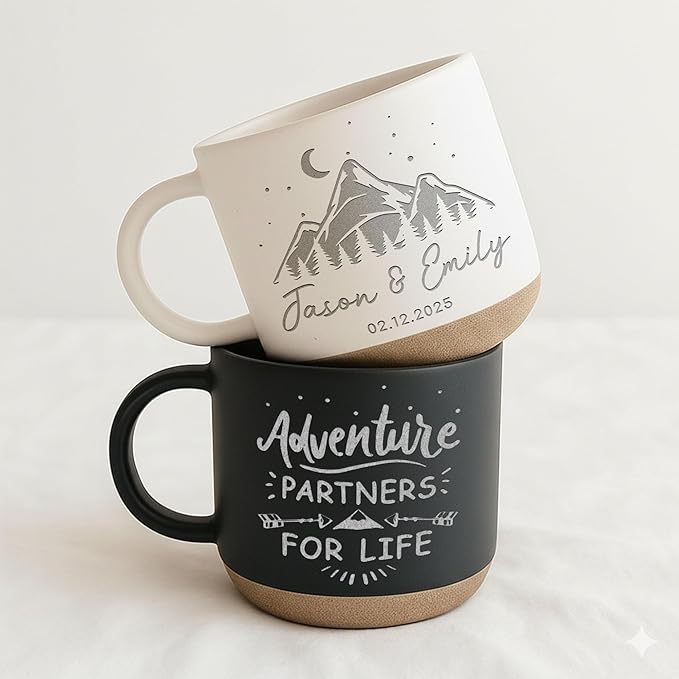 Personalized Adventure Couple Pottery Mug 12oz, Custom Mountain Design Coffee Mug with Names & Date, Engagement, Wedding & Anniversary for Couples