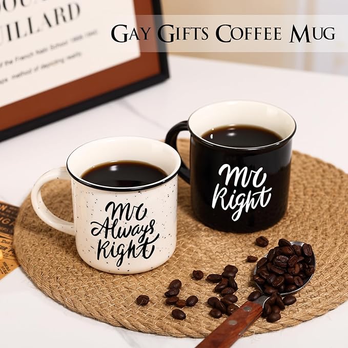 Physkoa Gay Gifts – Mr. Right & Mr. Always Right Mug Set, Funny Gay Couple Gift for Him, 11oz Ceramic Coffee Mugs for Gay Wedding, Anniversary, or Engagement