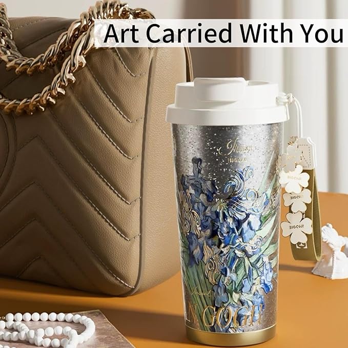 JWANGYUDG-100% Fully Titanium 17.5 oz Mug, 12-hour Thermal Insulation Coffee Mug, Artistic Travel Coffee Mug, Reusable Coffee Cup (Irises)