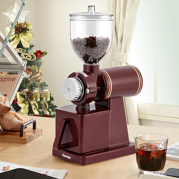 Burr Coffee Grinder - Electric Espresso Grinder for Home & Commercial Use, Silent, Adjustable Grind, With Hopper, Brush, Spoon, Red
