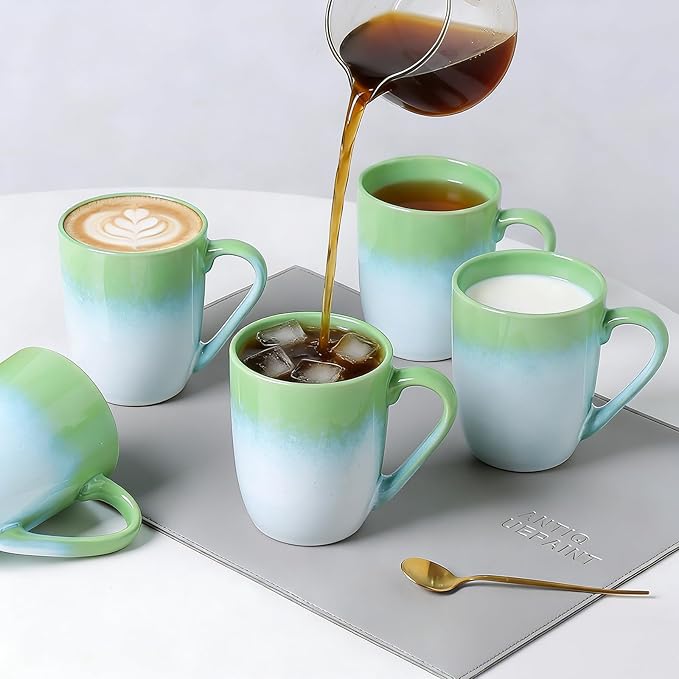MONITO 14 OZ Coffee Mugs Set of 6, Large Ceramic Coffee Mugs,Modern Coffee Mugs Set with handle for Tea/Latte/Cappuccino/Milk/Cocoa, Funny Tea Cups for Office and Home (White-green)