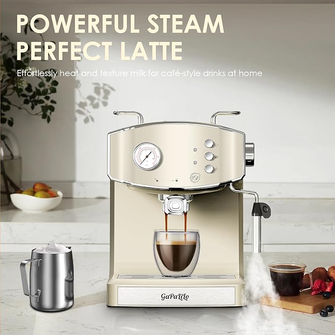 20 Bar Vintage Style Espresso Machine Coffee Maker with Milk Frother, ESE Pod Compatible Coffee Machine, Pressure Gauge, 54 oz PP Removable Water Tank, Ideal for Home Barista,Griege