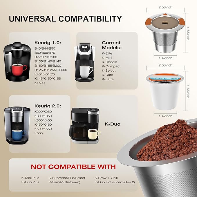 Reusable K Cups Coffee Filters for Keurig: Stainless Steel K Cups Coffee Pods Compatible 1.0 & 2.0 Coffee Makers Machine (2Pack)