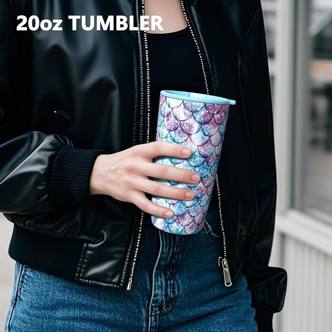 TILUCK 20 oz Tumbler with Lid, Vacuum Insulated Stainless Steel Coffee Mug, Double-Walled Travel Tumbler for Hot and Cold Drinks(FishScales, 20oz)