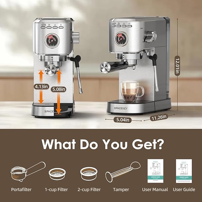 Spacekey Espresso Machine 20 Bar, 1350W Expresso Coffee Machines with Milk Frother, Compact Stainless Steel Espresso Maker with 39oz Removable Water Tank for Cappuccino, Latte, Americano, Silver