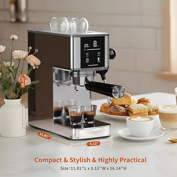 Kismile Espresso Machine with Milk Frother, 20 Bar Compact Stainless Coffee Maker with Capsule Funnel|48oz Detachable Water Tank|LED Display, Pre-Infusion for Cappuccino|Mocha|Latte at Home or Office