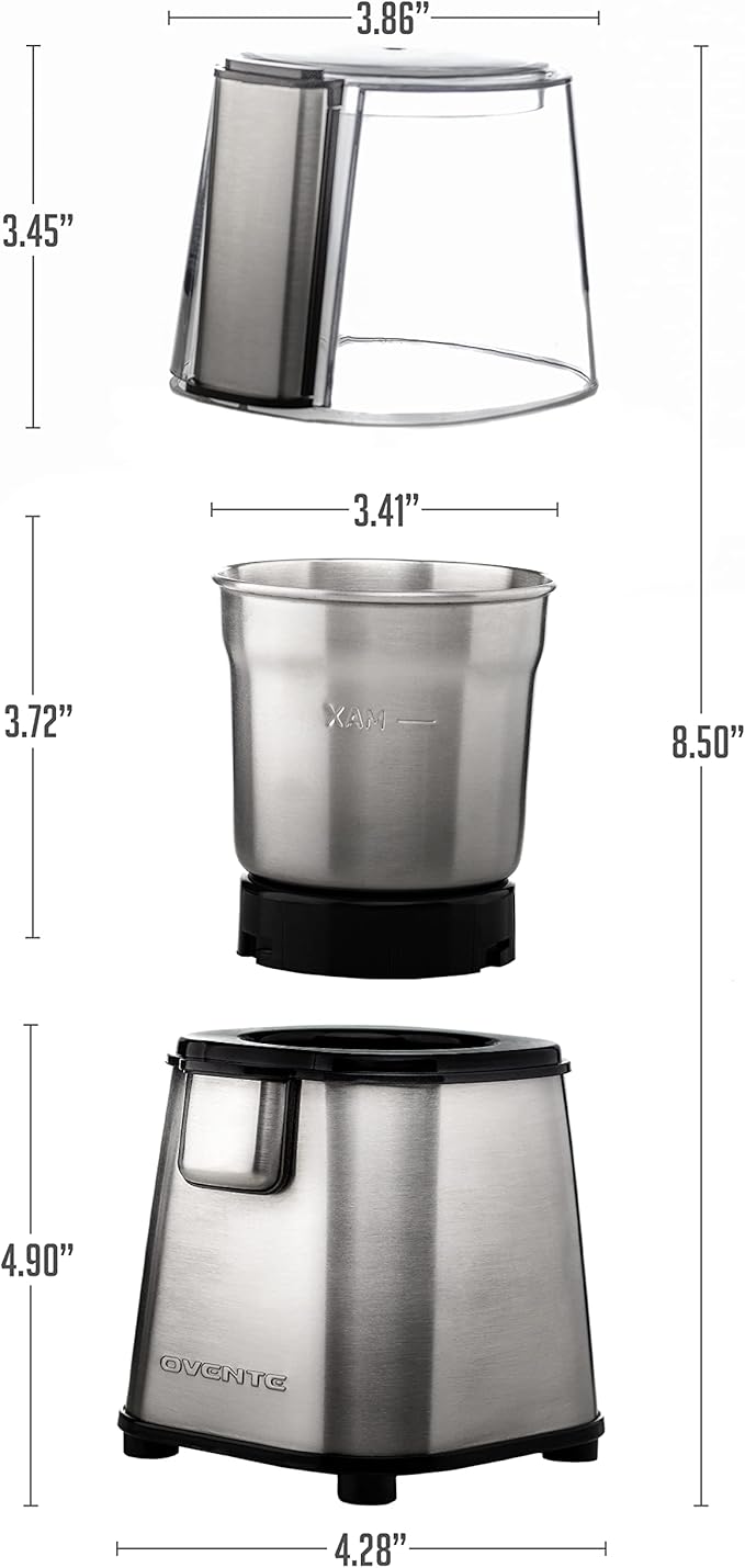 OVENTE Electric Coffee Grinder, 200W Powerful Coffee Bean & Spice Grinder with 2.1 Oz Removable Grinding Bowl, Stainless Steel Blade, Push Power Button, Transparent Lid & Anti-Skid Feet, Silver CG620S