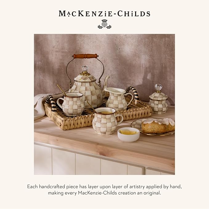 MACKENZIE-CHILDS Enamel Teapot, Cute Small Teapot with Lid, 4-Cup Capacity, Brown-and-White Mocha Check