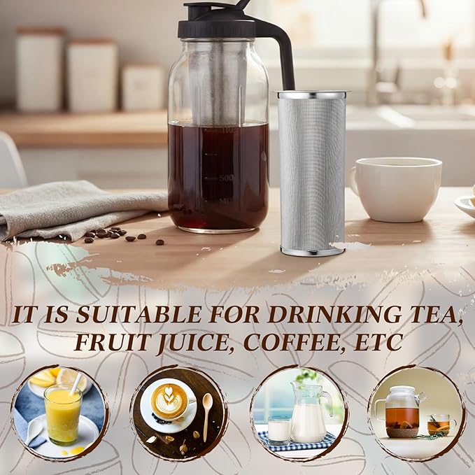 Cold Brew Coffee Filter with Brush for 32 Oz/1 Quart Wide Mouth Mason Jar Infuser 304 Stainless Steel Strainer Food Grade Filter with Sealing Ring for Iced Drink Fruit Tea Coffee Maker