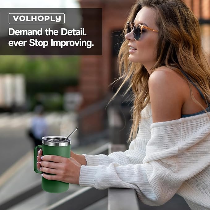 Volhoply 24oz Insulated Coffee Mug with Lid and Straw, Stainless Steel Travel Mugs with Handle, Double Wall Vacuum Leak Proof Coffee Tumbler Cup (Army Green,1)