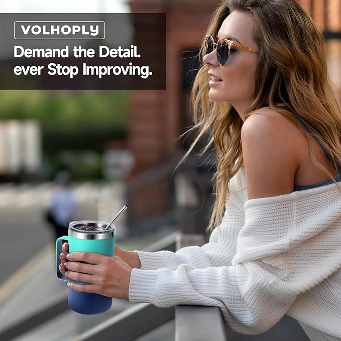 Volhoply 24oz Insulated Coffee Mug with Lid and Straw, Stainless Steel Travel Mugs with Handle, Double Wall Vacuum Leak Proof Coffee Tumbler Cup (Green Blue,1)
