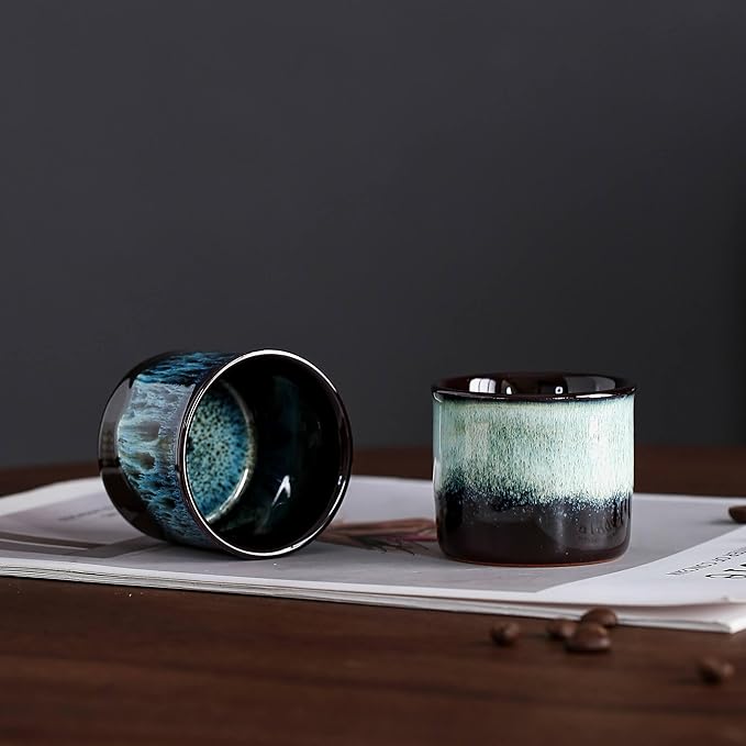 Espresso Cups Set of 6, Demitasse Cups 2.5 Ounces Coffee Mugs, Ceramic Teacups Japanese Tea Cups, Chinese Tea Cups (magic blue exterior)