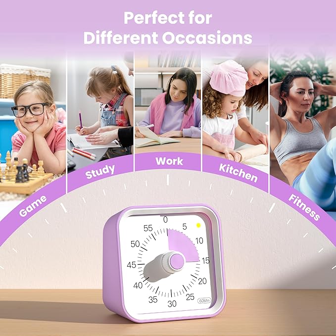 InfPokid Visual Timer for Kids with Pause Function, 60 Minute Countdown Timer for Kids Desk Study, Teaching, Kitchen Cooking, Office Meetings, Time Management for ADHD (Purple)