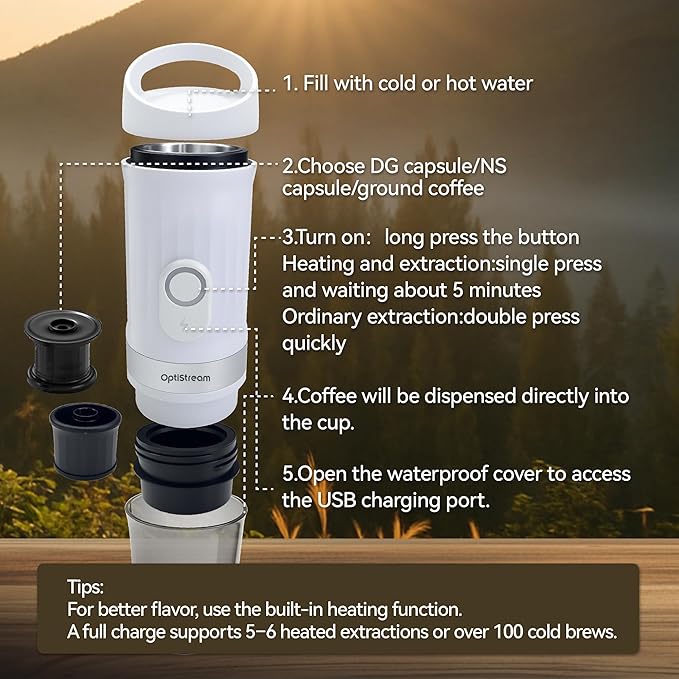Portable Electric Espresso Machine, Travel Coffee Maker for Camping, Car Coffee Maker Self-Heating with USB-C, With Ground Coffee & NS Capsule for RV, Hiking, Office (White)
