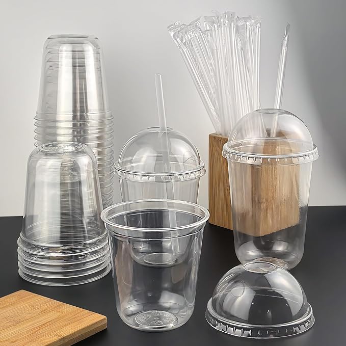100 Set 16oz Disposable Clear Plastic Cup with Lids and Straws, Sturdy & Food Safe Iced Coffee Cups, Plastic Cold Drinks Cups for Smoothie, Milk Tea, Assorted Beverages Party Supplies