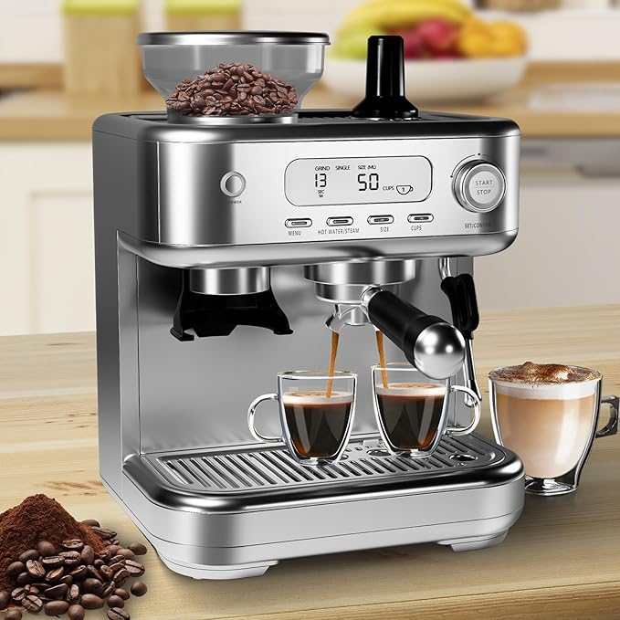 IDEALHOUSE Espresso Maker with Grinder,Milk Frother, 15 Bar Pump, 15 Grind Settings, Digital Display, High Power Milk Frother, Digital LCD Screen, Stainless Steel Coffee Maker for Home and Office