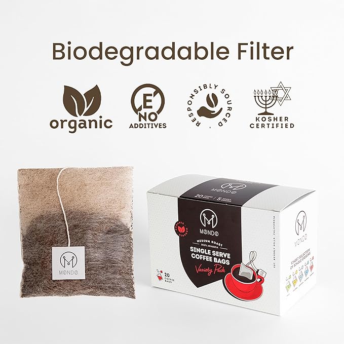 Mondo Single Serve Coffee Bags (20 Cups) Variety Pack - Organic, Medium Roast - Disposable, Portable Coffee Filters for Camping and Travel, Sampler Box of 5 Ground Coffee Flavors