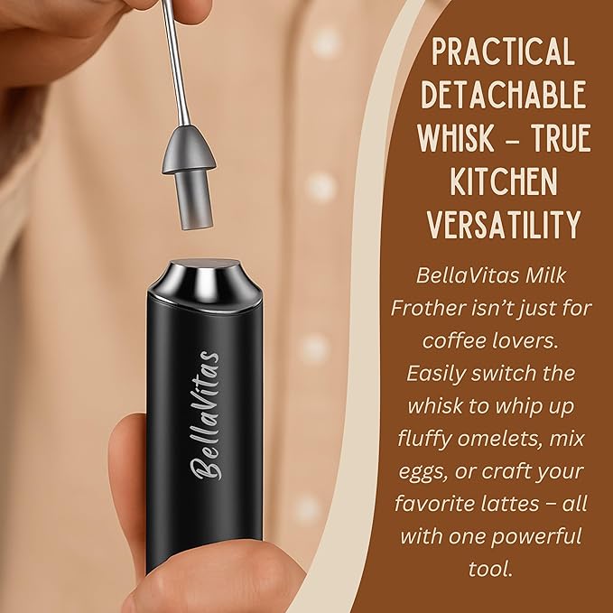 BellaVitas Milk Frother Handheld Rechargeable 3-Speed Electric Frother Wand Whisk Foam Maker Drink Mixer with Stand, 2 Whisks, Spice Shaker, Art Stencils, Art Pen for Coffee Latte, Cappuccino, Black