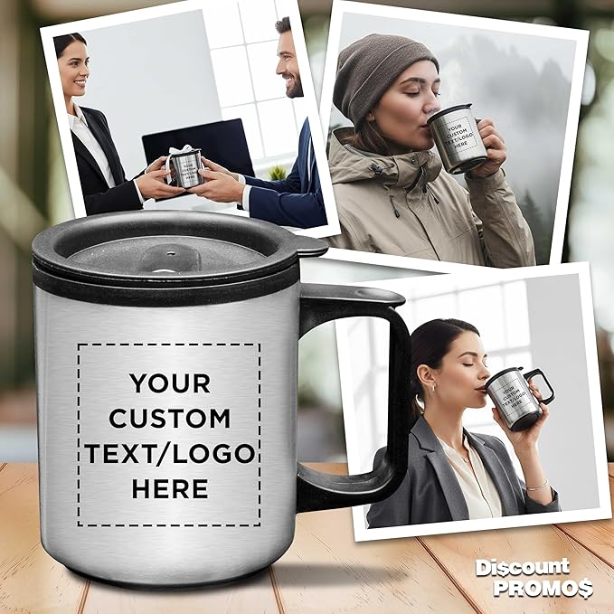 DISCOUNT PROMOS Custom Stainless Steel Travel Mugs with Handle 12 oz. Set of 50, Personalized Bulk Pack - Perfect for Coffee, Soda, Other Hot & Cold Beverages - Stainless Steel