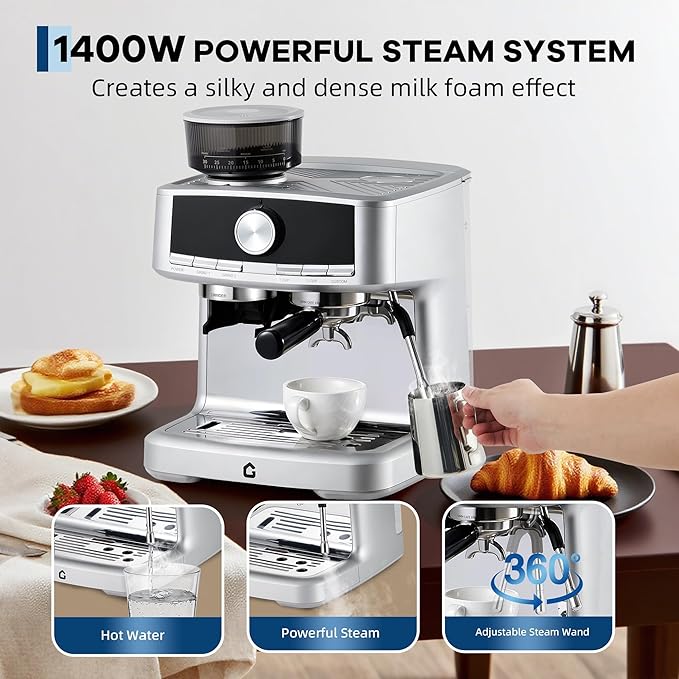 Professional Espresso Machine with Built-in Grinder, 20 Bar Pressure Stainless Steel Coffee Maker with Milk Frother, 1.5l Removable Water Tank for Latte & Cappuccino, Ideal for Home & Office Use