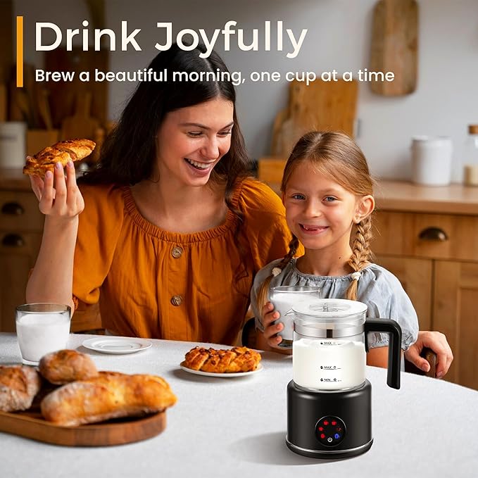 Milk Frother and Steamer, 6 in 1 Milk Steamer and Milk Warmer, 17oz Auto Shut Off Electric Frother with Touch Screen, Hot/Cold Foam Maker for Coffee, Latte, Cappuccino, Hot Chocolate, Black