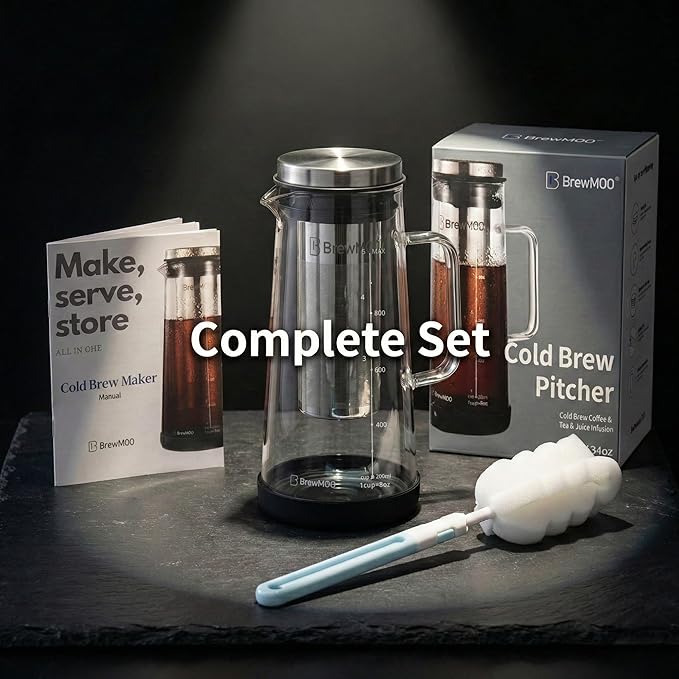 BrewMOO- Airtight Cold Brew Coffee Maker Pitcher, 1.0L/34Oz Thick Glass Carafe with Filter, Comfort Sturdy Handle & Wide Spout, Non-Slip Base | Iced Tea Maker (Black)