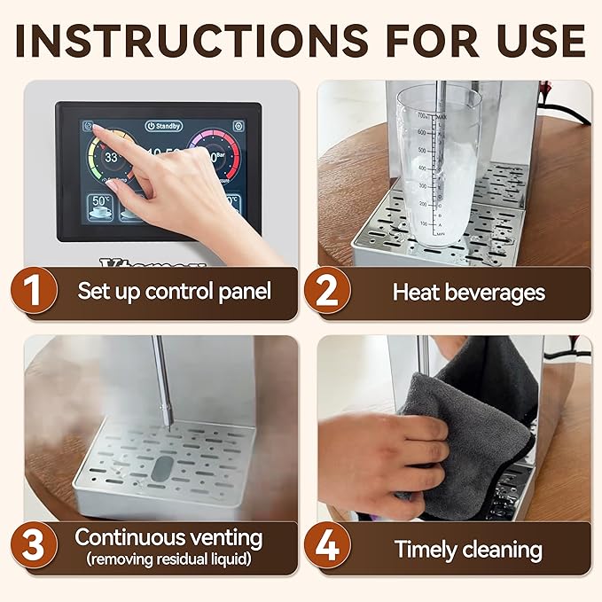 Vtsmax Commercial Milk Frother 2KW, Automatic Stainless Steel Steam Frother with Touch Control LED Display, 6 Temp Settings, External Water Bottle Compatible for Coffee Tea Shop (110-120V)