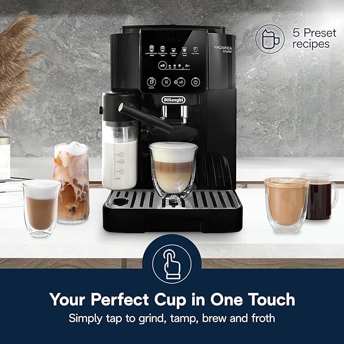 Magnifica Start Automatic Espresso Machine with Built-in Grinder & Auto Milk Frother – 5 One-Touch Drinks, Easy Clean, Home Barista for Lattes, Cappuccinos & Iced Coffee, Over 1 lb ECAM22080B