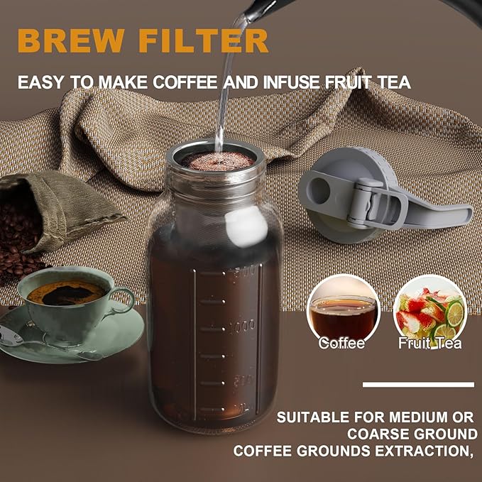 JunVpic Cold Brew Coffee Maker Jar - 64oz Thick Glass Multipurpose Mason Pitcher Spout Lid with Handle & Stainless Steel Filter for Iced Coffee, Lemonade, Ice Tea, Homemade Fruit Drinks Container