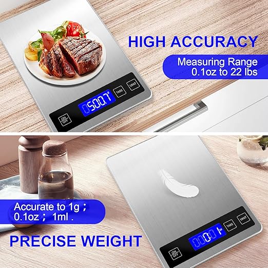 Ionsno 22lb Food Scale, Digital Kitchen Scale Weight Grams and oz for Weight Loss Cooking Baking, 1g/0.1oz Precision, Rechargeable and Waterproof, Stainless Steel and Tempered Glass, Gray Silver