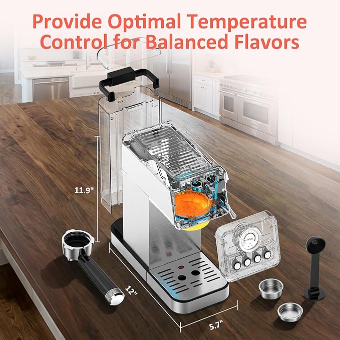 Professional Espresso Machine with Pressure Gauge, 20Bar Touchscreen Single Serve Coffee Maker, Stainless Steel, Milk Frother Wand, Cup Warmer for Home Barista