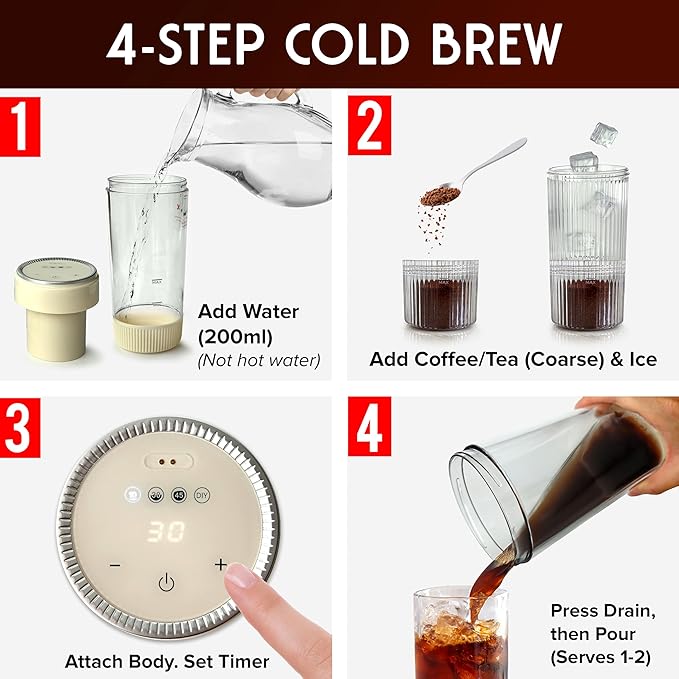 Mueller RapidBrew Cold Brew Coffee Maker β 10 Min Fast Brew Portable Rechargeable Cold Brew Pitcher Machine for Coffee & Tea β Adjustable Strength 10-99 Min β 20 Servings Per Charge, Cappuccino Beige
