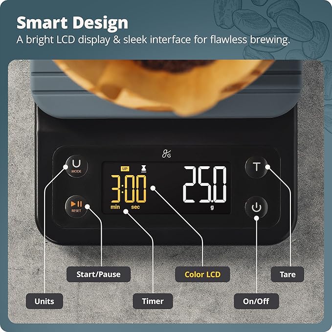 Greater Goods Coffee Scale with Timer โ 0.1g Precision Digital Coffee & Espresso Scale for Pour-Over, Coffee Bean Weighing, Barista Brewing, Waterproof Cover, 3kg Capacity (Stone Blue)