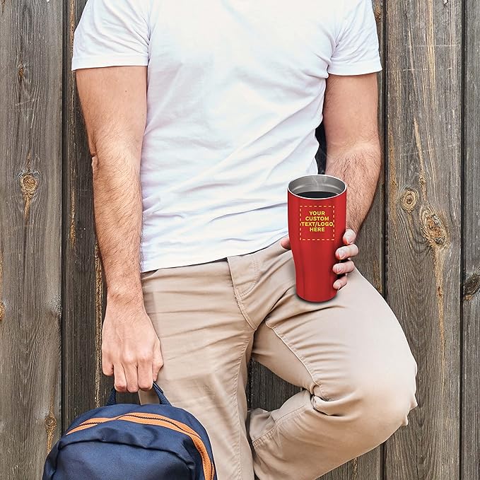 Custom Stainless Steel Grip Travel Mugs 27 oz. Set of 10, Personalized Bulk Pack - Perfect for Coffee, Soda, Other Hot & Cold Beverages - Red