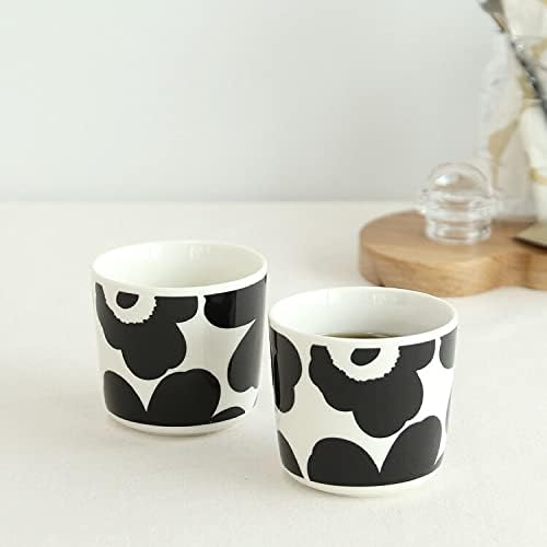 MARIMEKKO Unikko Oiva Stoneware Coffee Cup Set of 2 — Refine Your Kitchen Décor with Our Iconic Black & White Stoneware — Stylish Floral Coffee Cups to Elevate Your Drinking Experience (7oz)