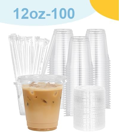 12 oz 100 Pack Disposable Clear Plastic Cups with Lids and Straws, Food Safe Bulk Iced Coffee Cups for Smoothies, Milkshakes and Other Cold Drinks