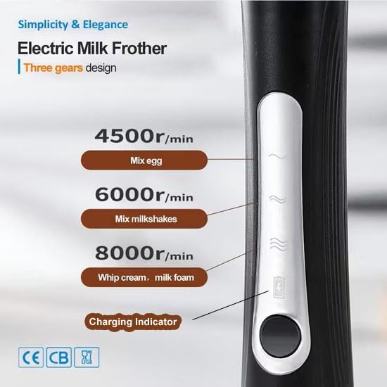 Rechargable Milk Frother, Handheld Drink Mixer with Whisk Attachment, 2025 upgraded powerfull 3 speed motor, Type C charging with charge light, with extra egg mix head (Black without Stand)