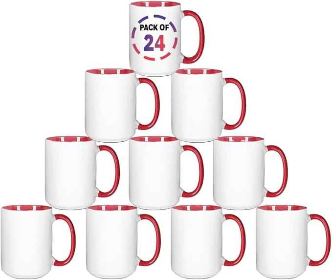 15oz Red Sublimation Mugs – Blank Ceramic Cups for Heat Transfer Printing – Set of 24 Bulk Mugs for Custom Crafting, Customizable Drinkware