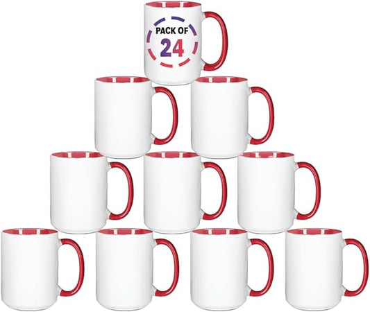 15oz Red Sublimation Mugs – Blank Ceramic Cups for Heat Transfer Printing – Set of 24 Bulk Mugs for Custom Crafting, Customizable Drinkware