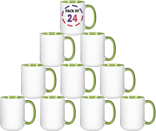 15oz Light Green Sublimation Mugs – Blank Ceramic Cups for Heat Transfer Printing – Set of 24 Bulk Mugs for Custom Crafting, Customizable Drinkware