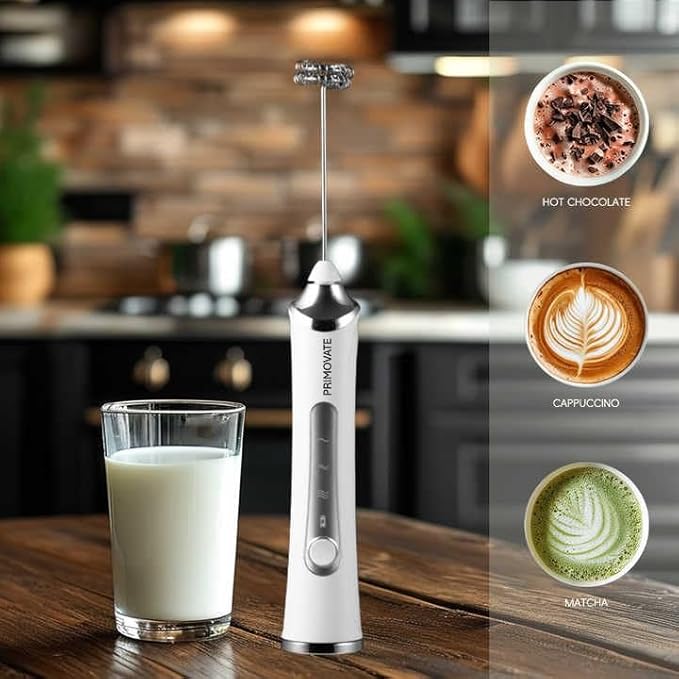 Rechargable Milk Frother, Handheld Drink Mixer with Whisk Attachment, 2025 upgraded powerfull 3 speed motor, Type C charging with charge light, with extra egg mix head (White with Stand)